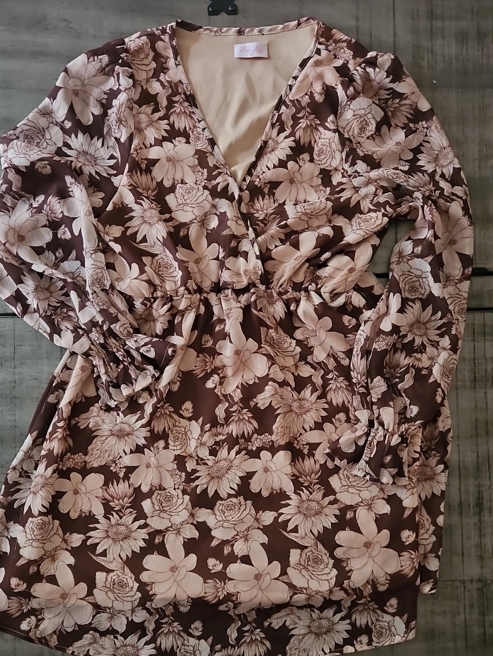 Pink Lily Brown and Cream Floral Wrap Tunic Dress